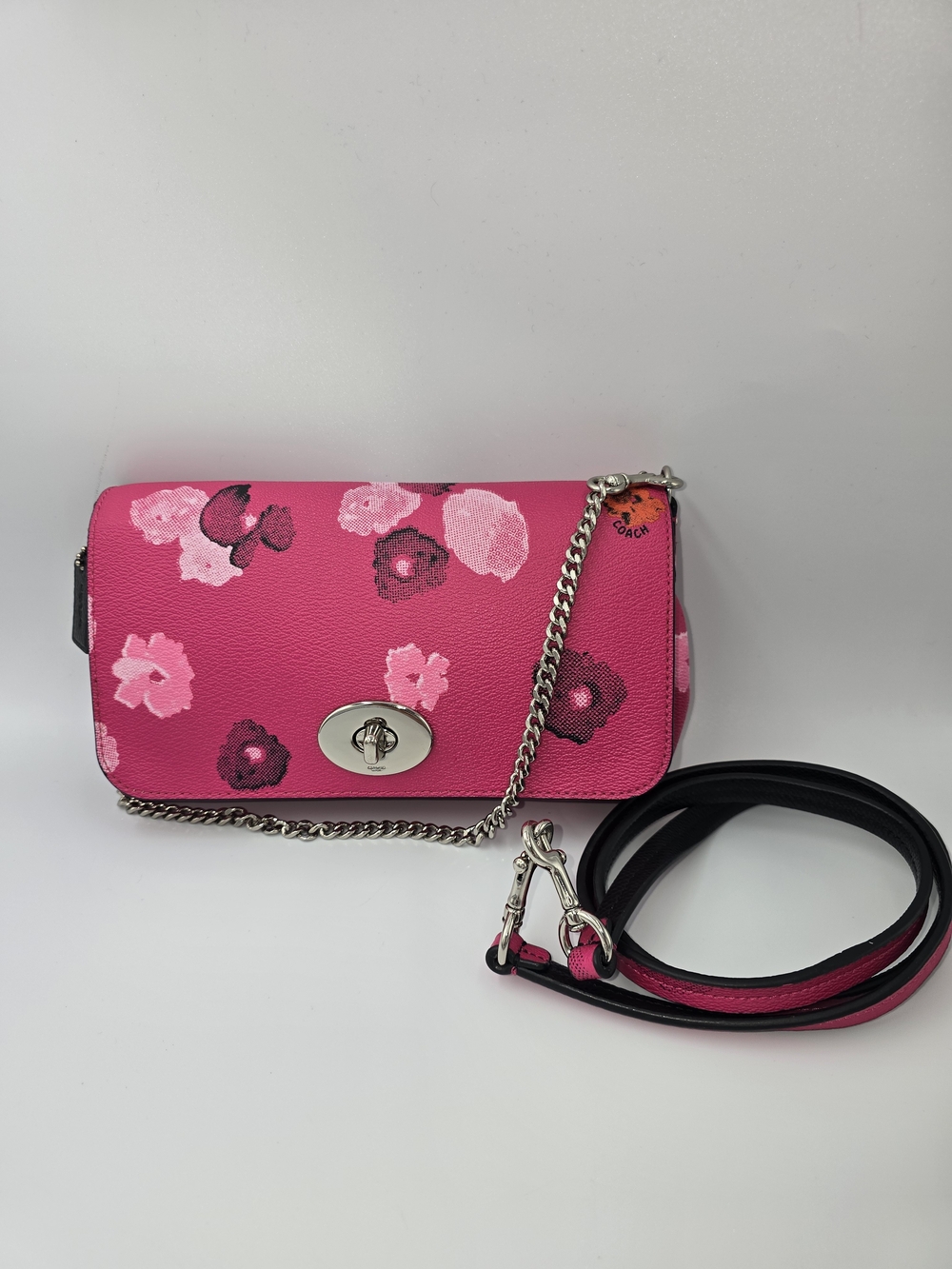 COACH F35553 Pink Floral Coated Canvs Crossbody Purse Silver Chain Clutch Purse